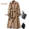 Women Windbreaker Turn-down Collar Loose Pure Color Coat Double-breasted Long Sleeves Belt Decor Overcoat Mid Length with Pockets Windproof Lady