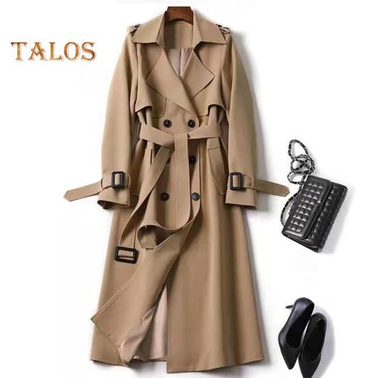 Women Windbreaker Turn-down Collar Loose Pure Color Coat Double-breasted Long Sleeves Belt Decor Overcoat Mid Length with Pockets Windproof Lady