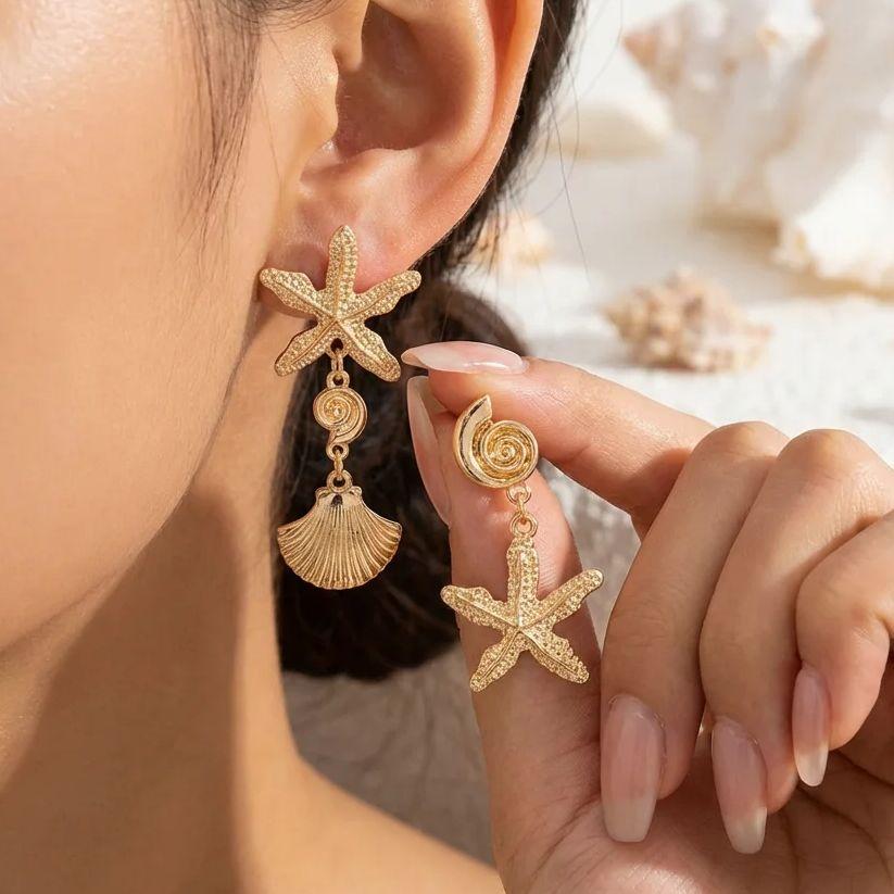 Boho Asymmetric Starfish Shell Pendant Earrings For Women Gold Color Metal Textured Sea Star Conch Dangle Earring Beach Zircon
