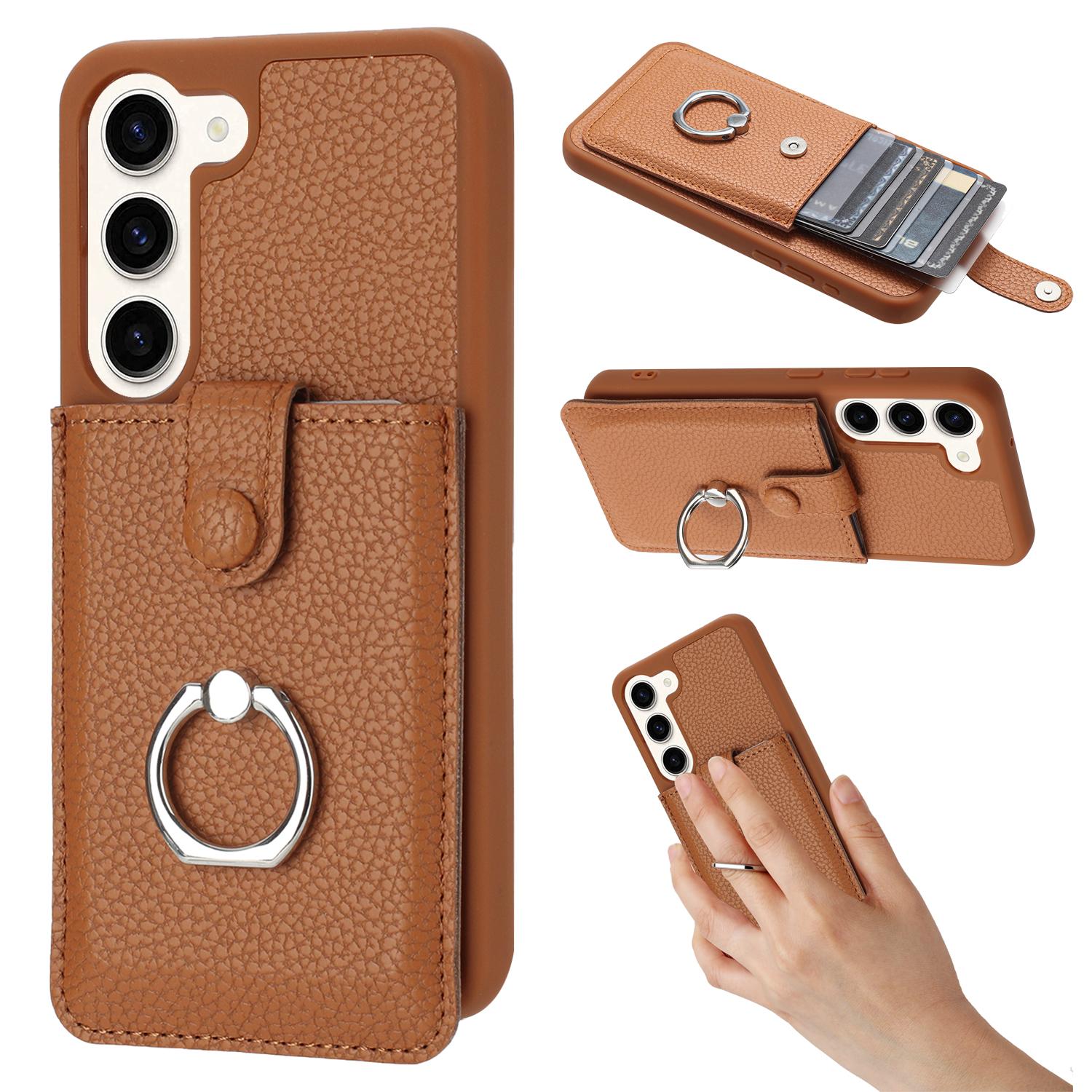 

For Samsung Galaxy S23+ Case Drawing Type Card Slots Litchi Texture Leather Back Cover with Ring Kickstand Brown