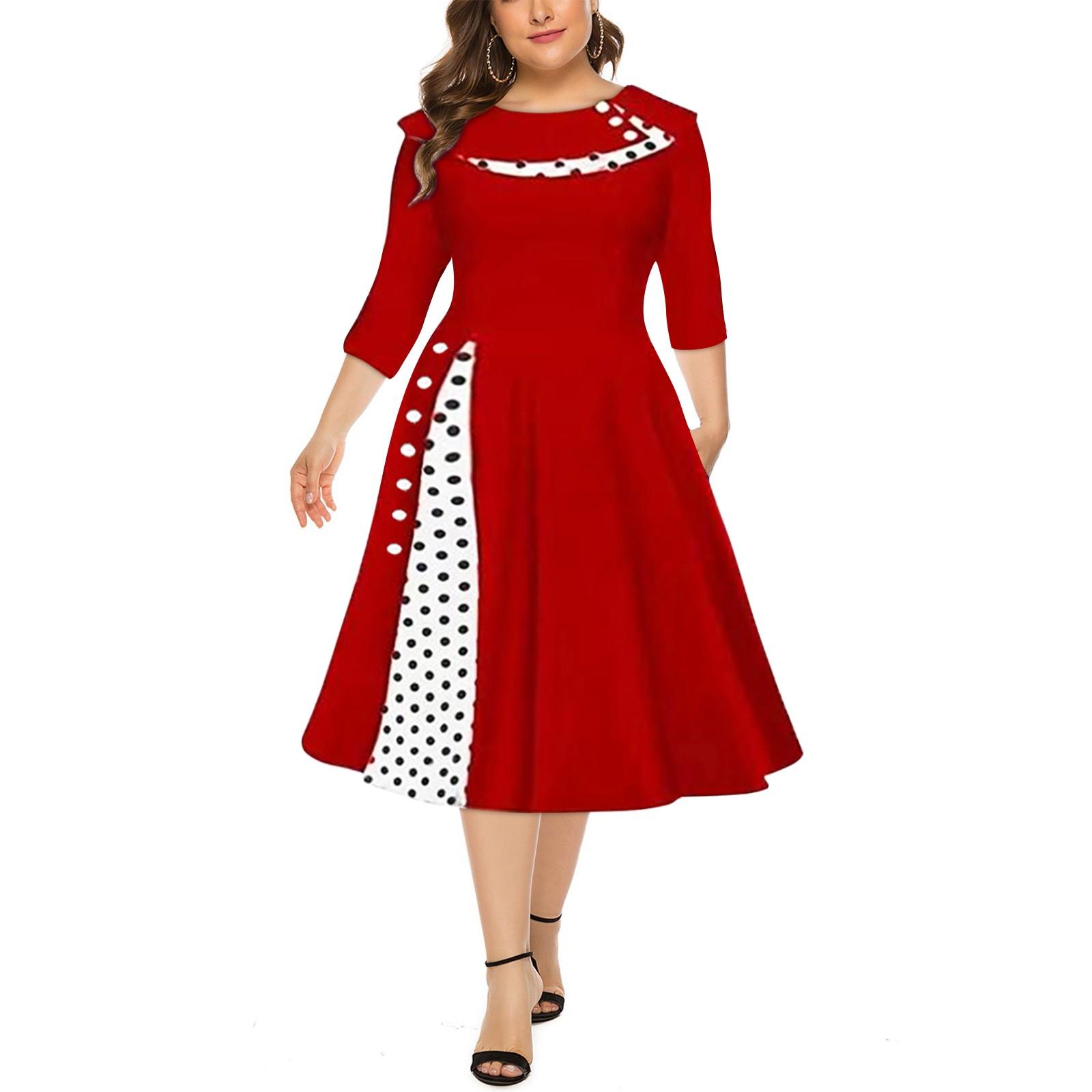 

Женская мода в стиле ретро с длинным рукавом и круглым вырезом, сплошное цветное платье в горошек с талией XL красный