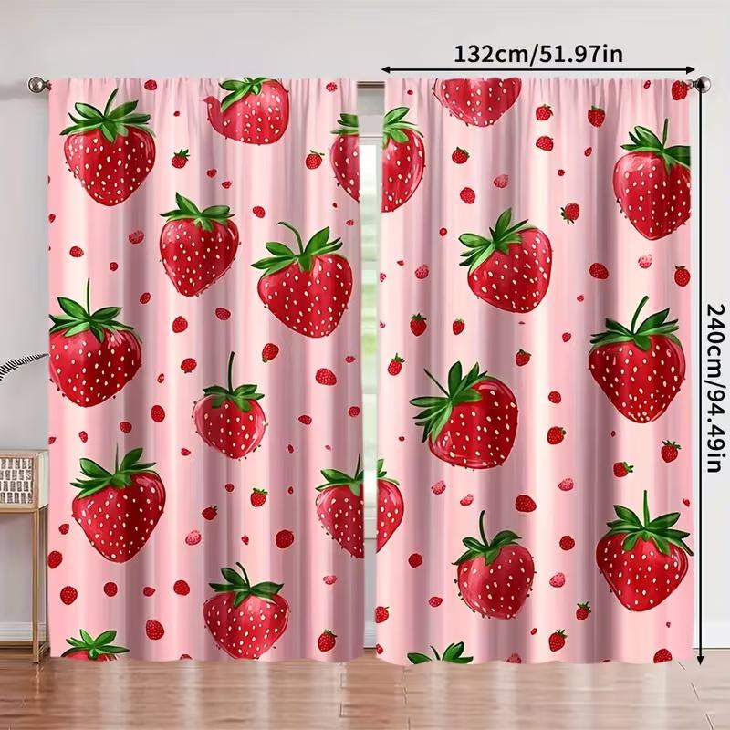 2Pcs Pink Strawberries Print Curtains,suitable for Bedroom,living Room Kitchen Decoration,home Decoration,window Decoration