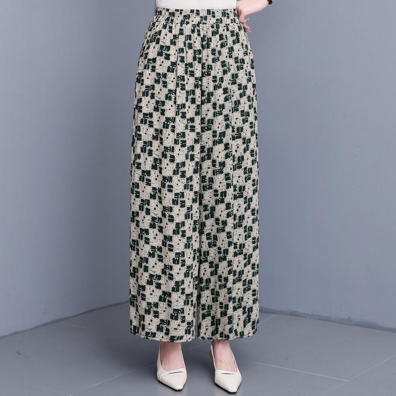 Women's Plus Size Cotton Silk Printed Wide Leg Pants, Elastic Waist Casual Summer Trousers (XL-5XL)