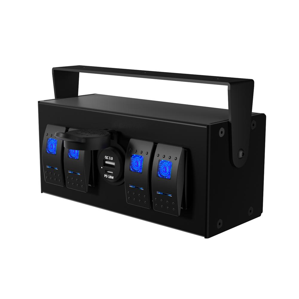 4 Gang Rocker Switch Box 12V/24V ON Off Switch QC3.0+PD 18W USB Charger for Boat Car RV Truck