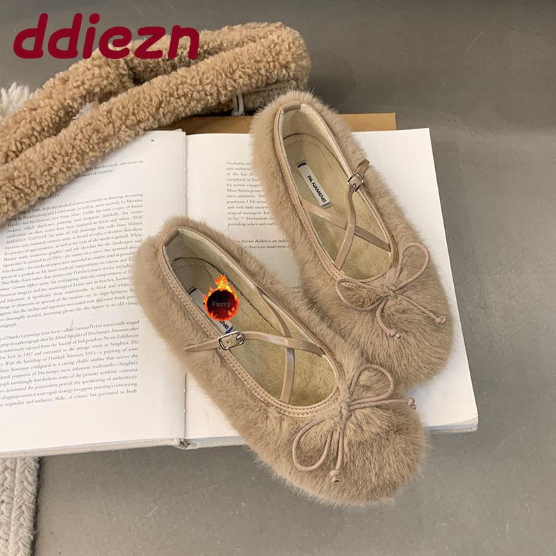 Mode Damen Schnallenriemen Damen Ballerinas Warme Schuhe Mode Flache Schuhe Schmetterlingsknoten Mary Janes Damen Ballerinas mit Fellschuhen