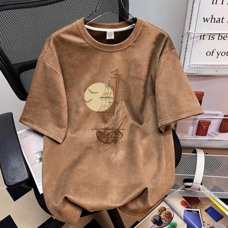 

Summer Suede Crew Neck T Shirts Men Graphic Printed Short Sleeve T Shirt Man Goth Fashion Y2K Streetwear S хакі