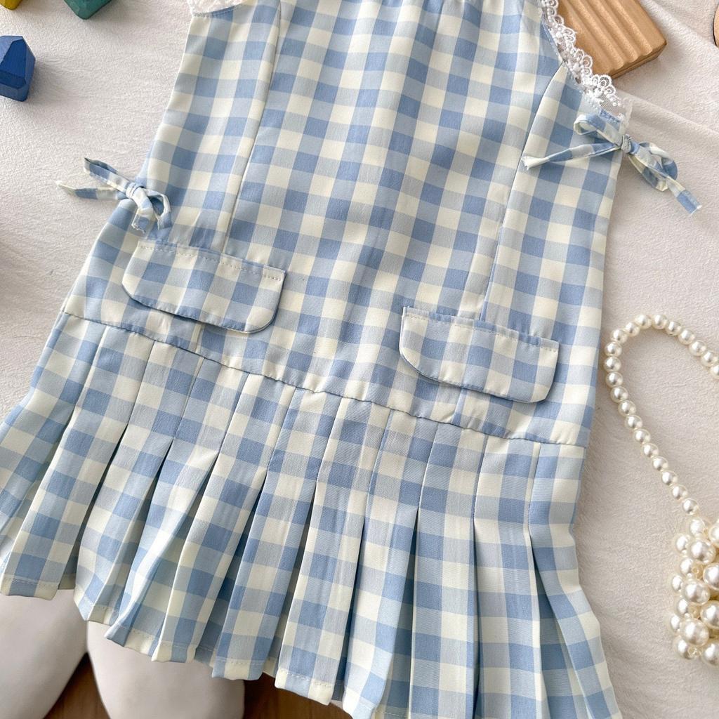 Summer Girls Plaid Sleeveless Dress With Lace Trim Casual Pleated Sundress For Kids Children