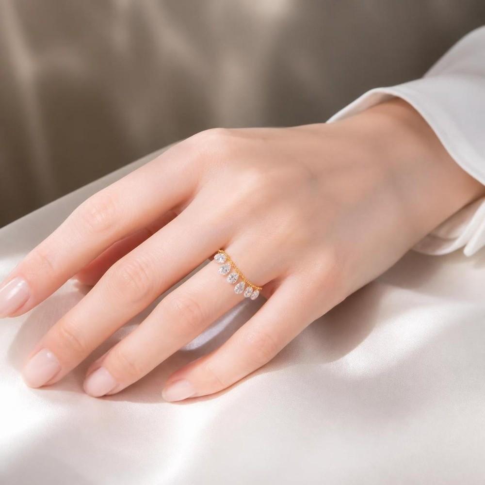 Pull Bead Chain Tassel Ring Water Drop Shape Chain Ring Elegant Charm Ring Women