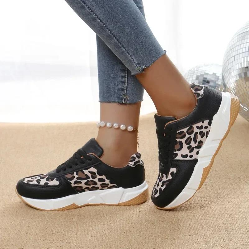 Women Platform Sneakers  New Round Toe Low-top Leopard Wedge Shoes for Women Lace Up Casual Sneakers Zapatos De Mujer