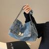 Street Style Denim Canvas Bag Metal Chain Solid Crossbody Bag Portable Vintage Handbag  Outdoor