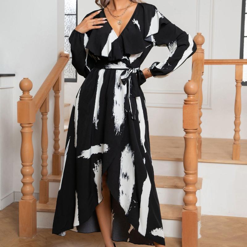 

Женская мода лето весна сплошной цвет печати с длинным рукавом v-образным вырезом с высокой талией повседневные платья XL чёрный