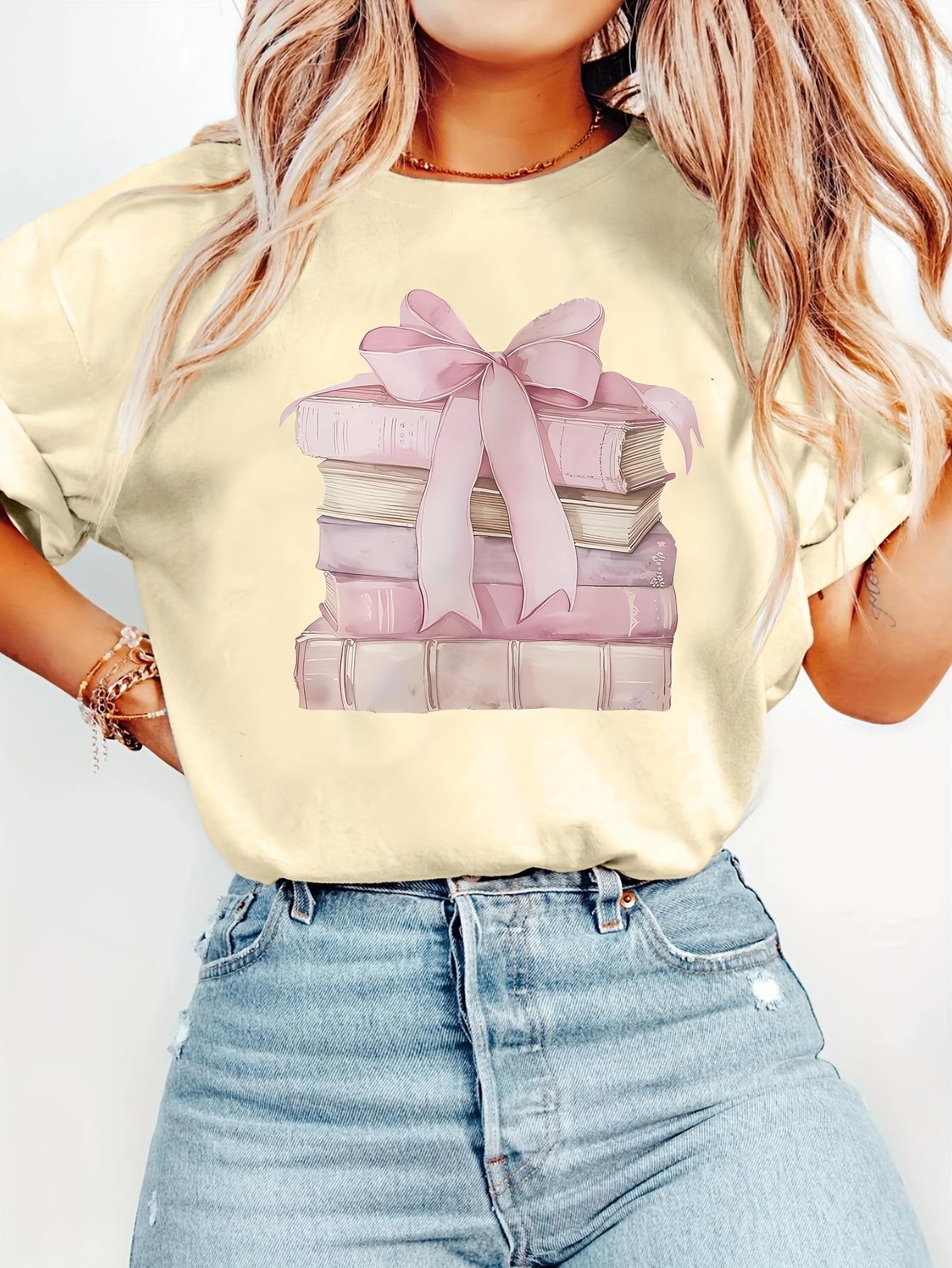

Womens Pink Short Sleeve TShirt with Stylish Book Stack Bow Graphic Print Soft Crew Neck Casual Summer Spring Top S