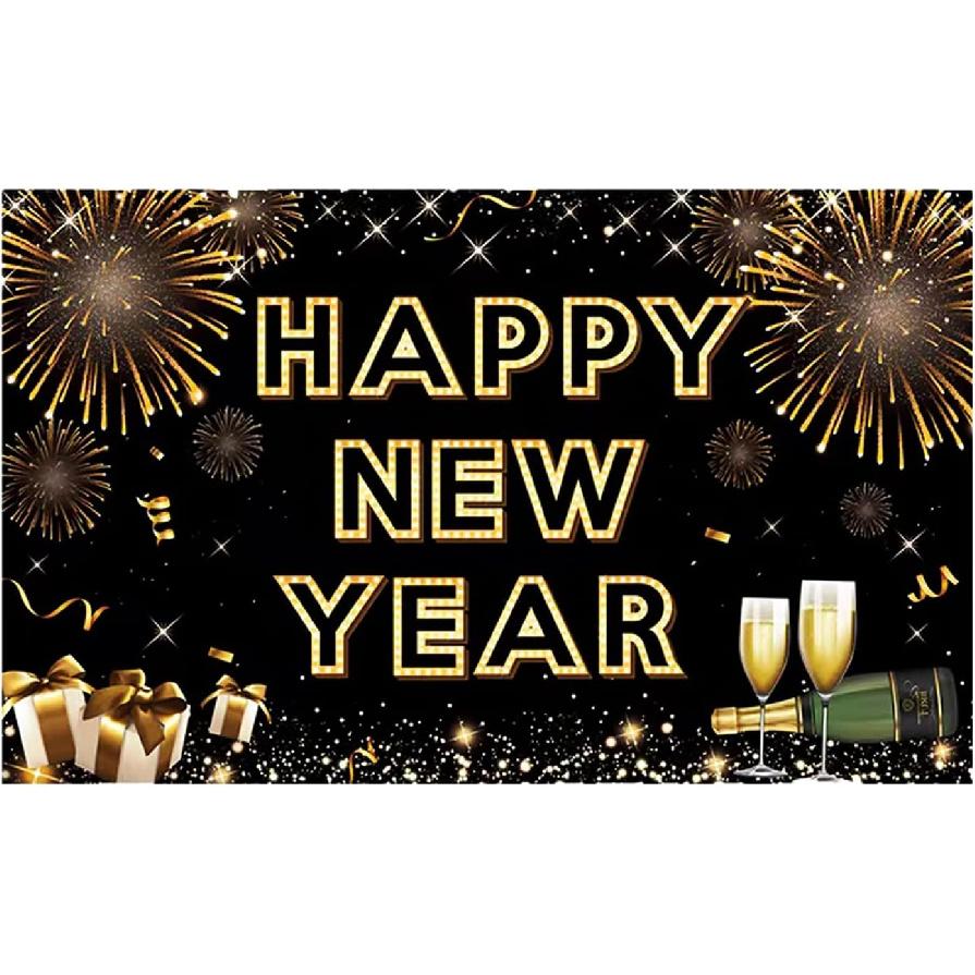 Happy New Year Banner for 2026 Party Decoration, Blackgold New Year Eve Banner Photo Backdrop Party Supplies (HAPPY NEW YEAR) black gold