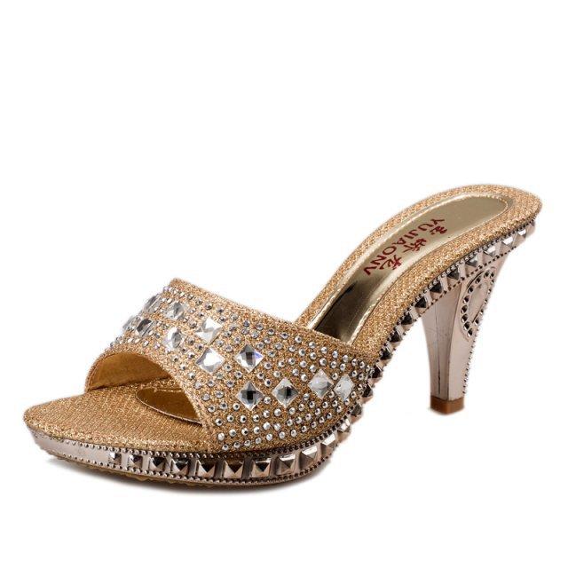Fashion High-heeled Outer Wear Cool Slippers Women's Summer New Women's Waterproof Table Wine Glass and Fish Mouth Rhinestone Women's Sandals