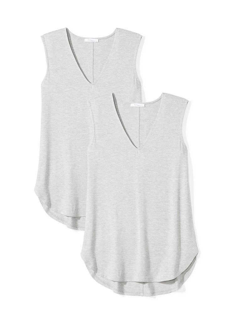 Amazon Essentials Jersey Tank Standard Fit Daily Heather Light Size L 2-Pack Tops, V-Neck, (Formerly Ritual), Women's Gray,