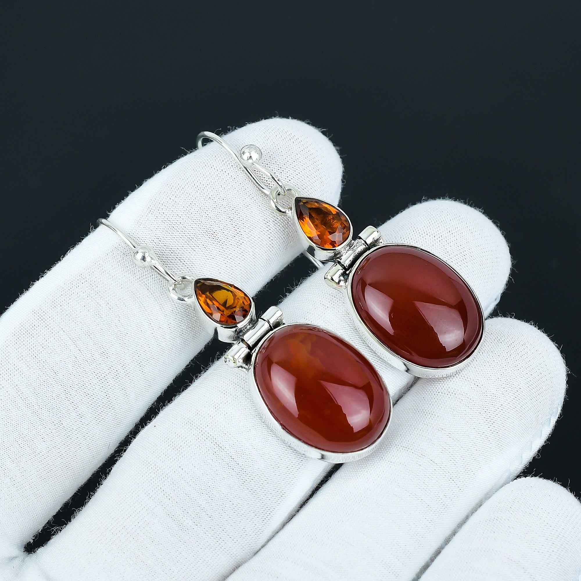 

Серьги из натурального сердолика и медового топаза, серьги из стерлингового серебра 925 пробы уникального дизайна, серьги-подвески для помолвки 5.5 Cm красный