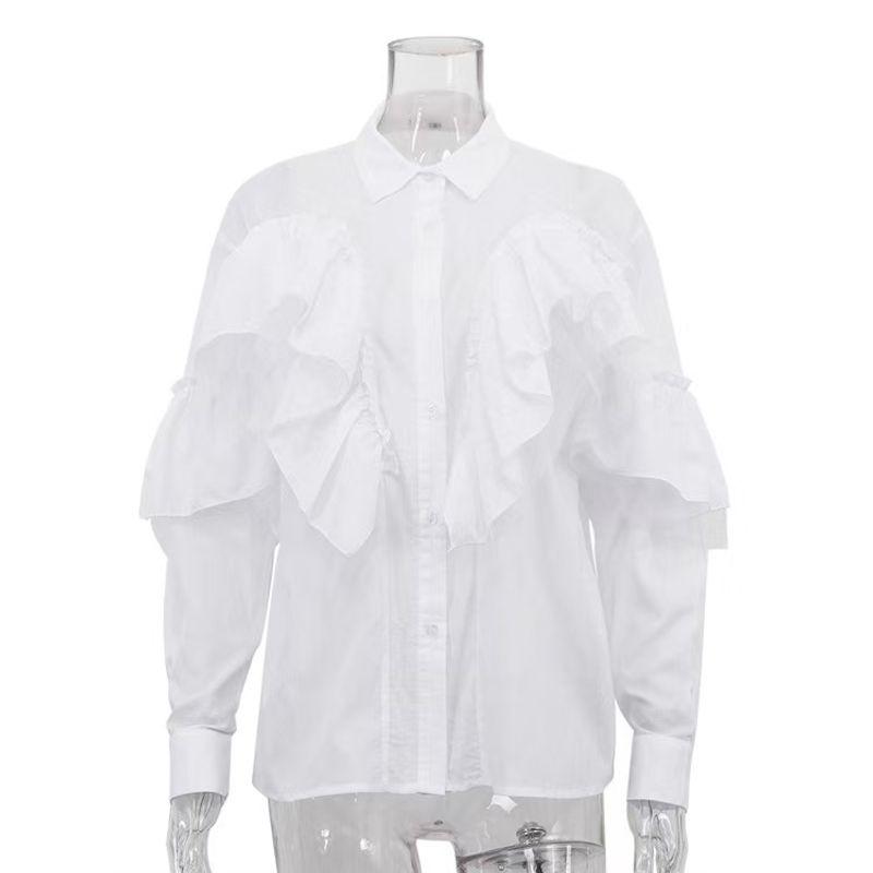 

Western Style New Fashion Frill Lapel Loose Casual Shirts Top Lotus Leaf Shirt Top White L