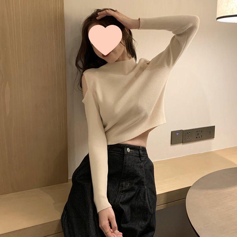 Korean Off-Shoulder Knit Long-Sleeve Sweater for Women - Spring 2025 Collection