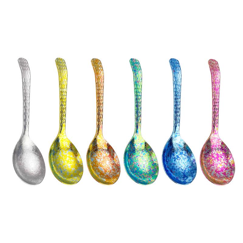 Crystal-Colored Pure Titanium Antibacterial Soup Spoon with Hammered Large Round Head