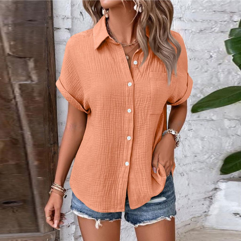 Womens Button Down Shirts Short Sleeve Casual Collared Shirt Loose Blouses Solid Color Tops With Pocket