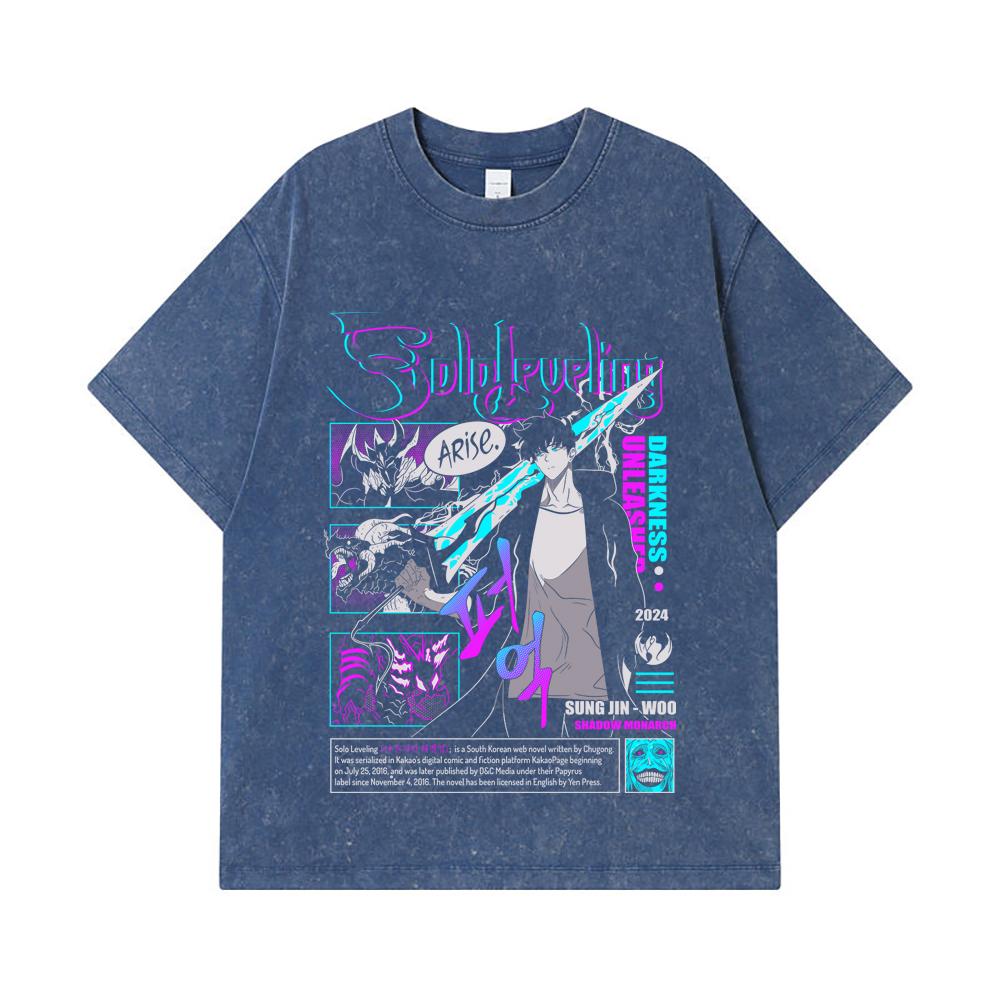 

275 GSM Washed T-shirts 100% Cotton Solo Leveling V1 Arise Print Unisex Heavy Cotton T Shirt 2XL королівський синій колір