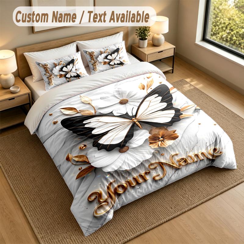 Butterfly Theme Personalized 3Pcs Bedding Set Custom Text & Name 1 Sheet 2 Pillowcases Household Bedding 1pc