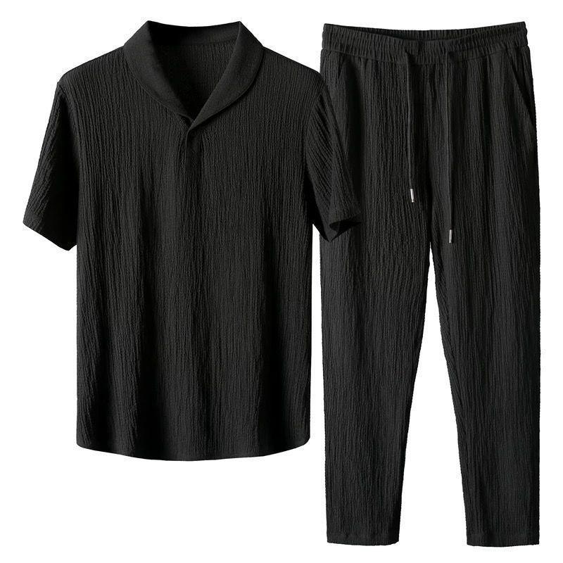 Men's Summer Lightweight Pleated Two-Piece Suit: Breathable, Fashionable Lapel Short Sleeve & Trousers