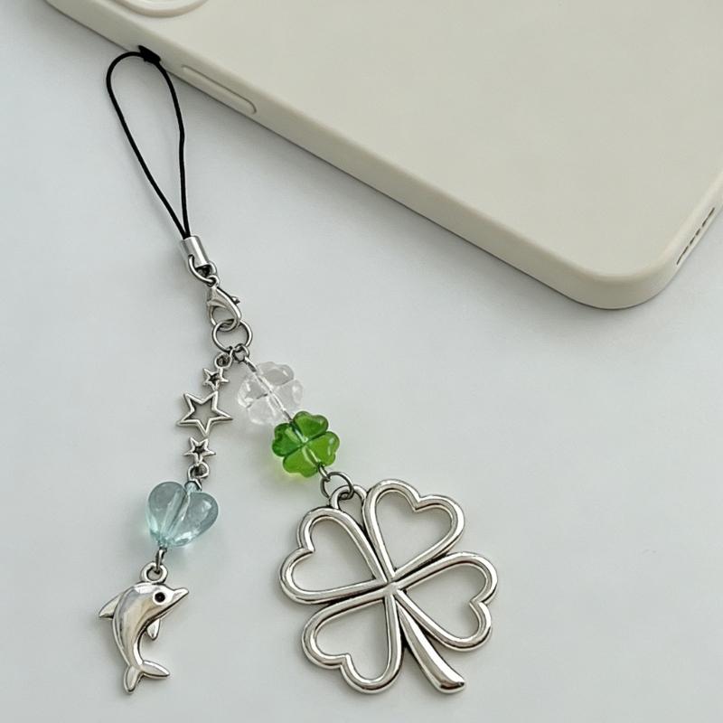 Large Four Leaf Clovers And Dolphin Charm Silver Alloy Keychain For Phone Bag Or Keys Keyring Decoration