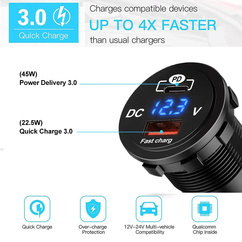 PD Type C/QC 3.0 USB Charger Socket Power Outlet Adapter 5V Waterproof Dual USB Ports Fast Charge for Smartphone Car Boat Marine