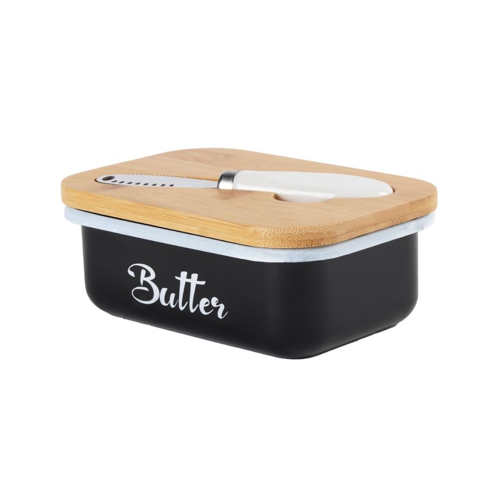 Practical Airtight Butter Dish Rectangular With Spatula Butter Storage Container Bamboo Cover Iron Butter Keeper Bread