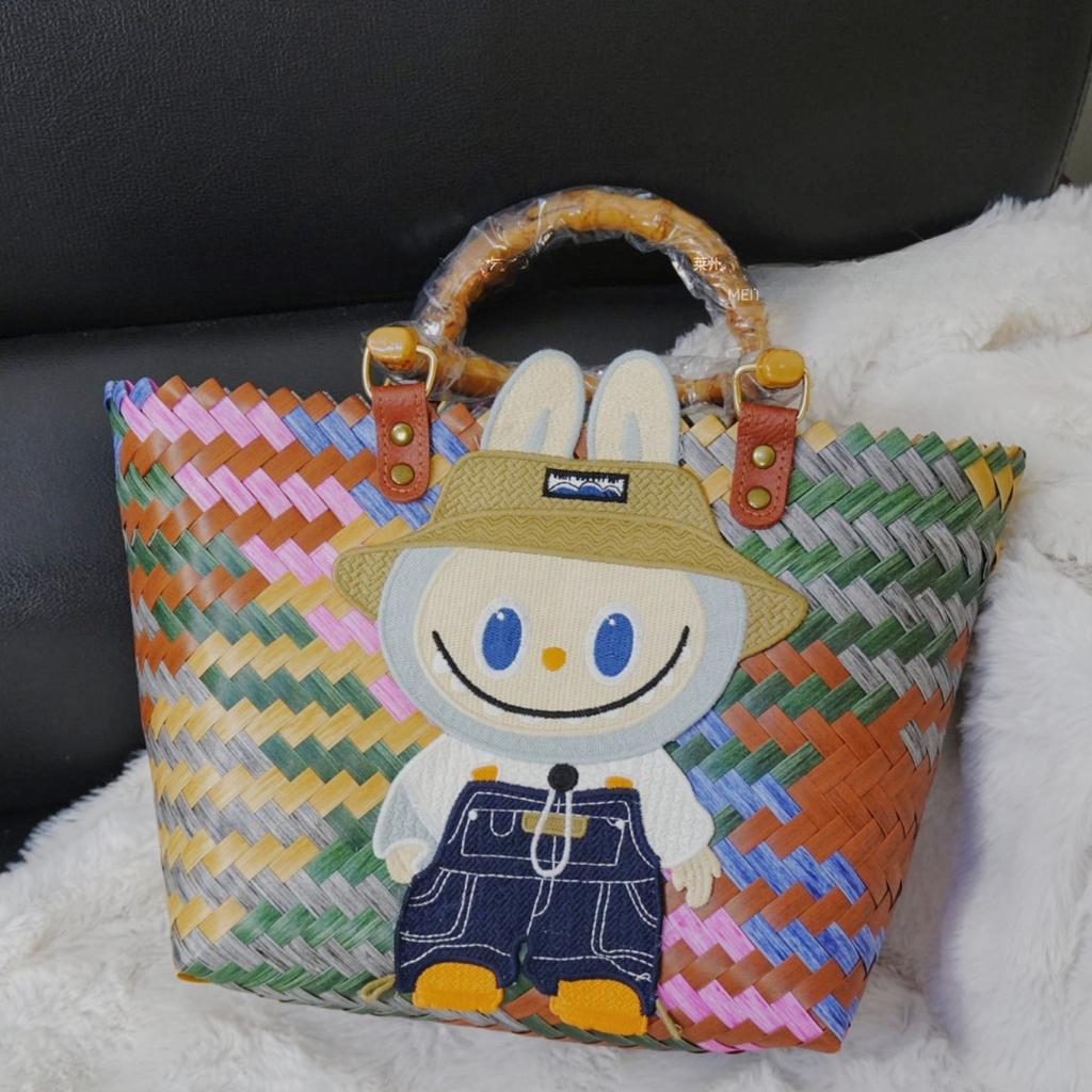 Labubu Summer new style net red woven basket bag shoulder handbag women's bag cute pull cloth cartoon rattan bag CLE