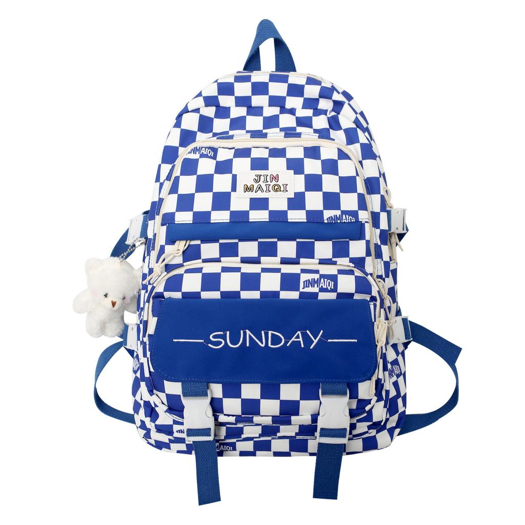Girls Backpack Korean Version Checkerboard Color Matching Light Leisure Backpack Campus Large Capacity Junior High School Student Schoolbag