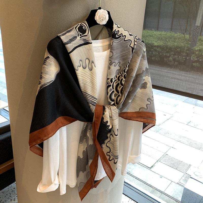 130 Square Scarves European Summer Silk Scarves Oil Painting Flower Printing Cotton Silk Scarves Women'S Spring Summer Decorative Scarves