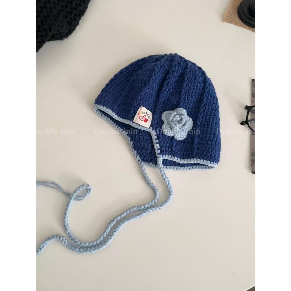 

Double inin hollowed-out handmade crochet knitted wool hat women s face small ear protector headgear Hat circumference: 54-60cm синій