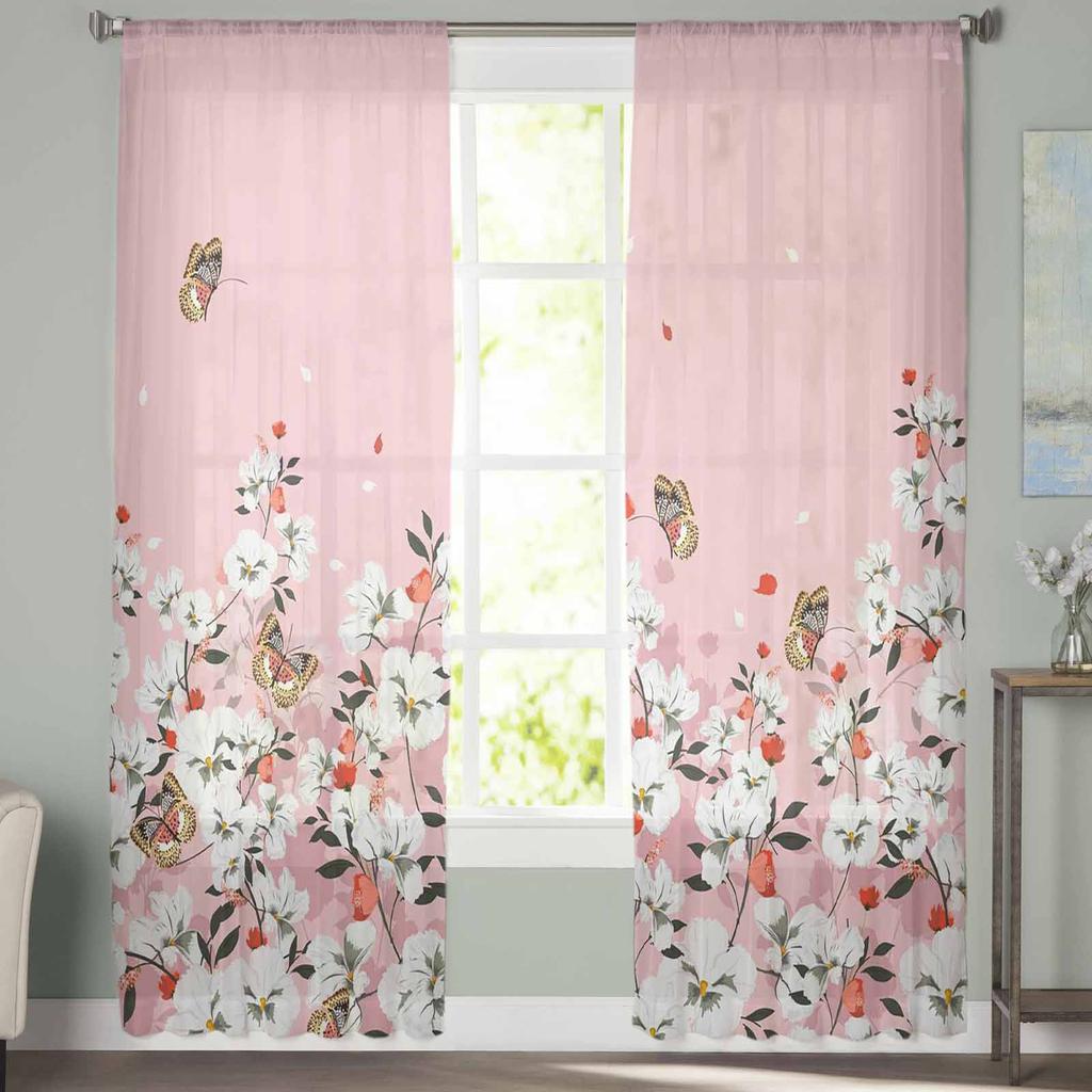 Pink Flower Plant Butterfly Tulle Sheer Curtains For Living Room Bedroom Kitchen For Windows Voile Drapes Home Decoration
