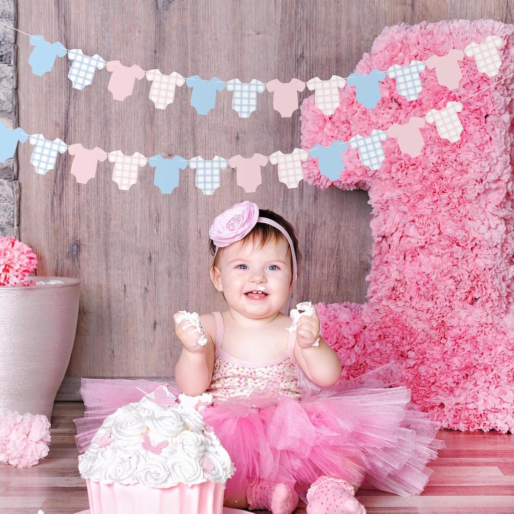 Weysat 2 Pcs Baby Clothes Banner Baby Boys Girls Shower Decorations Pink Blue Bodysuit Clothesline Banner Gender Reveal Birthday Neutral Party Outfit