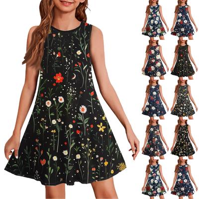 Vestido de verão para meninas sem mangas estampado cor casual vestido