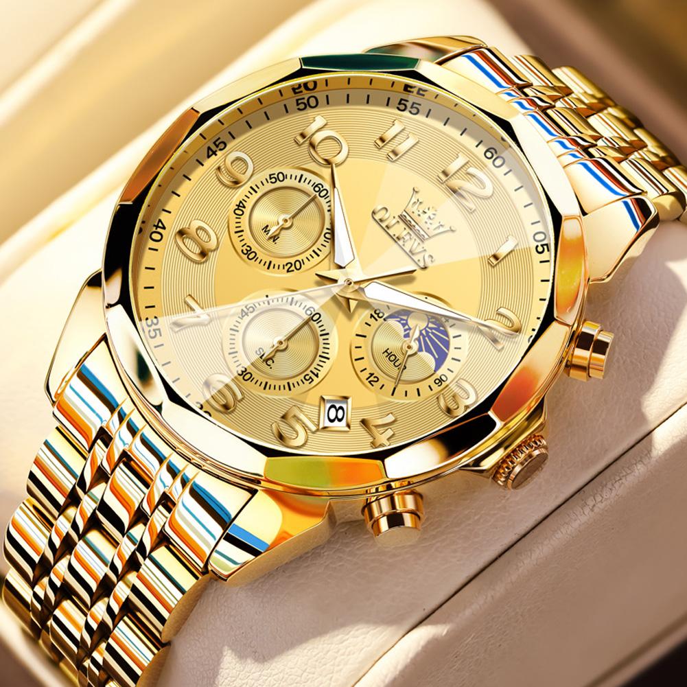 OLEVS Luxury Business Gold Stainless Steel Men's Watch Luxury Calendar Chronograph Moon Phase Quartz Watch Men's Clock