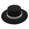 French Top Hat Female Hepburn Shade Felt Hat Bride Wide Brim Jazz Hat Pearl Chain Woolen Hat Black