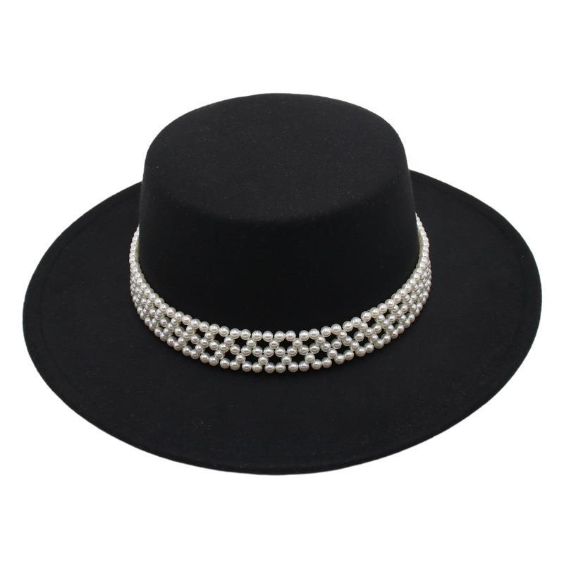 

French Top Hat Female Hepburn Shade Felt Hat Bride Wide Brim Jazz Hat Pearl Chain Woolen Hat Black one size