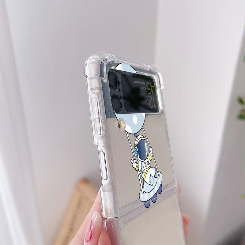 Luksusowe etui na Samsunga Galaxy Z Flip 3 4 5G Funda Z Flip3 Przezroczyste PC Twarde Wstrząsoodporne Tylne Etui na Telefon Uroczy Astronauta Planeta