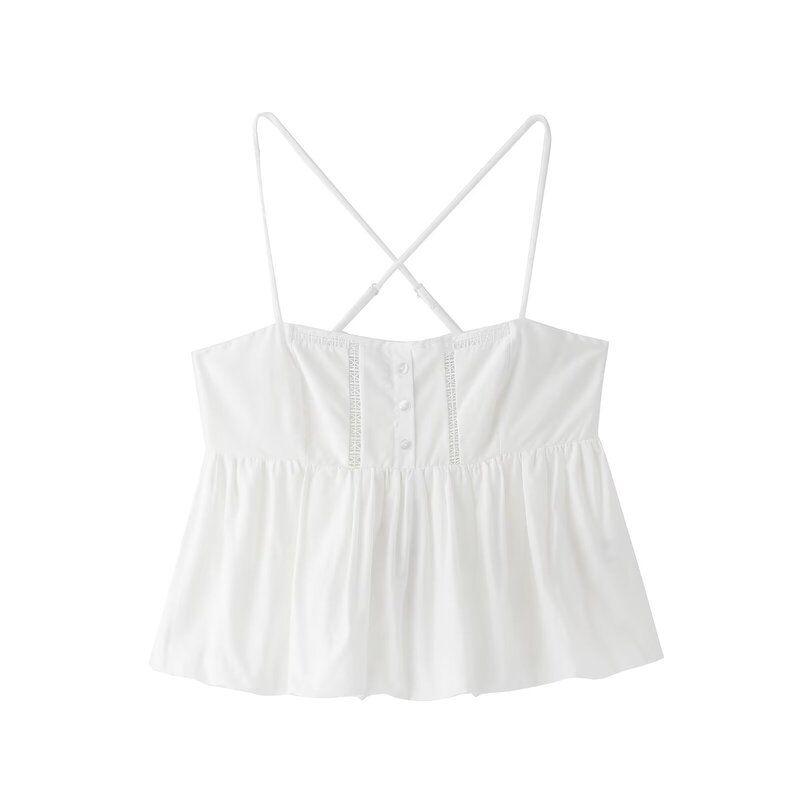 Fashion Style 2024 Summer New Arrival Women's Vertical Lace Decorated Poplin White Suspender Tops 1165167