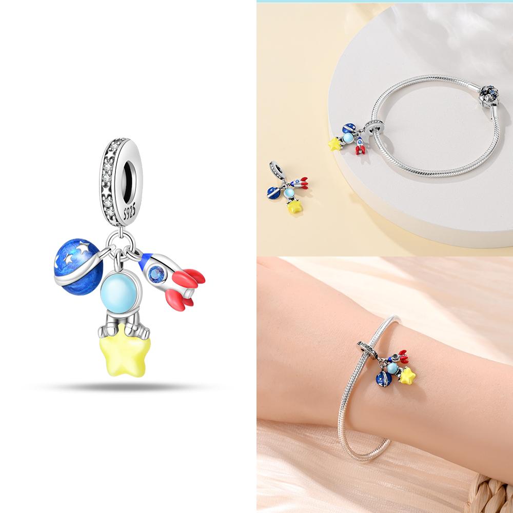Copper Star Blue Glowing Heart Rocket Astronaut Beads Pendant Charm For Original Bracelet Woman Girl Jewelry