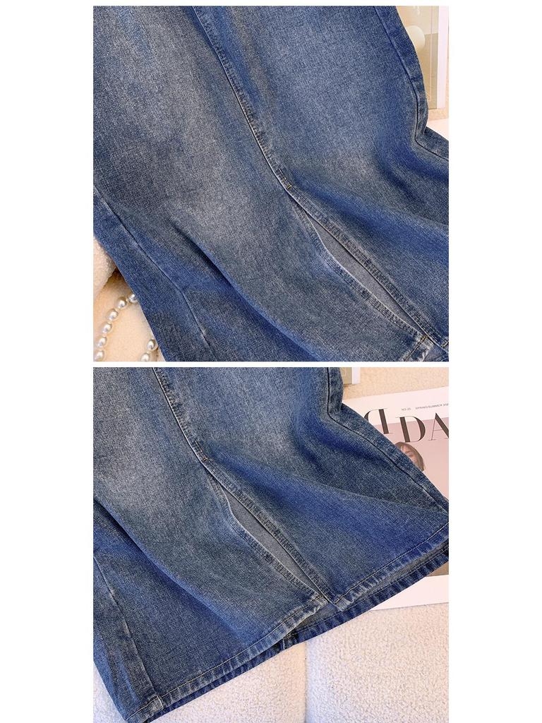 2024 Summer High-Waist Retro Denim Midi Skirt with Slit