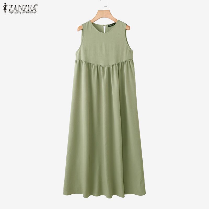 ZANZEA Women Casual Round Neck Solid Color Sleeveless Long Dress