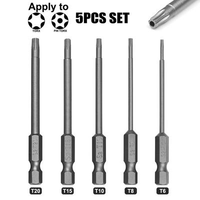 Šedý šroubovák Torx Bit T6 T8 T10 T15 T20 5ks 6,35mm (1/4 palce) Legovaná ocel