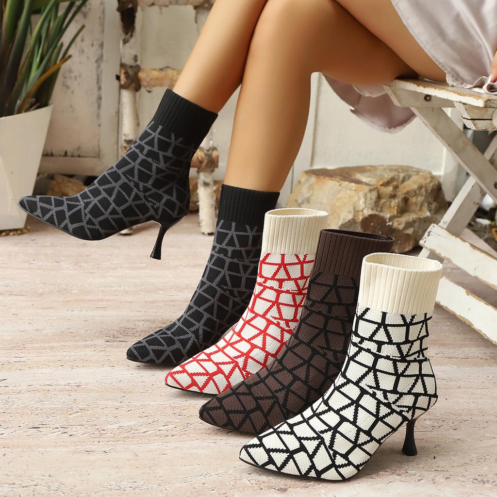 Fashion Women Knitting Sock Boots Elegant High Heels Shoes Fashion Winter Sharp Pointed Thin Heel  Sexy Ankle Boots for Women