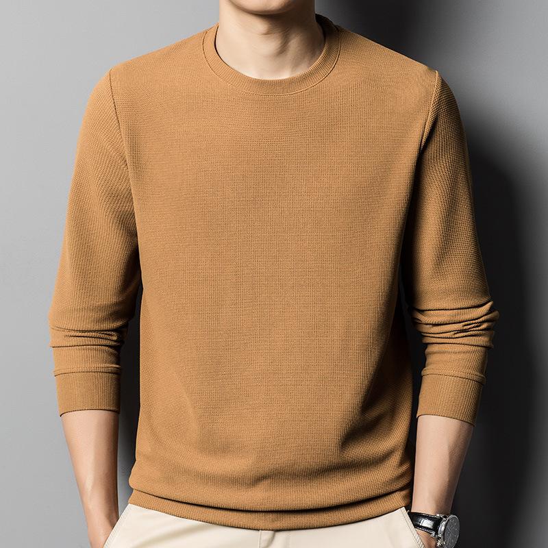 Autumn Waffle Mesh Long-sleeved T-shirt Men's Round Neck Quick-drying Tops Loose Bottoming Shirt for Men