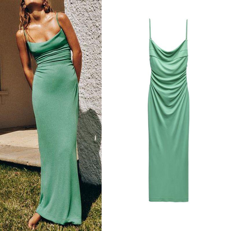 Spring New European and American Style Straight Collar Camisole Sexy Sheath Fashion Backless Ruched Dress 8342333