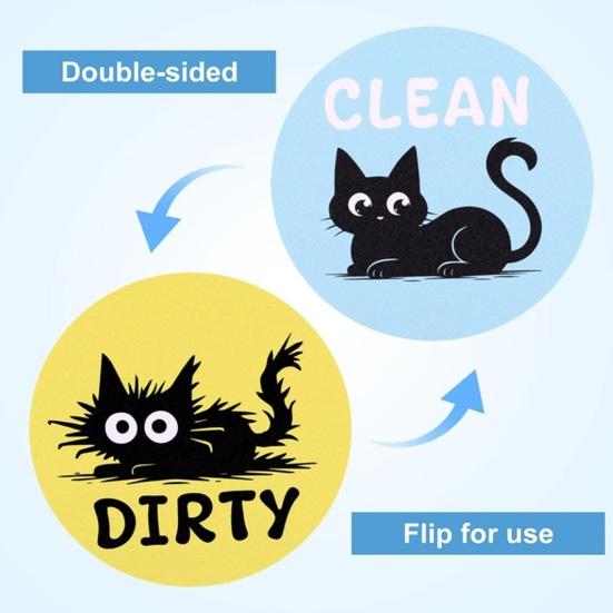 Dishwasher Clean Dirty Magnet Sign Cute Cat Round Magnetic Fridge Sticker Single-Sided Magnetic Indicator